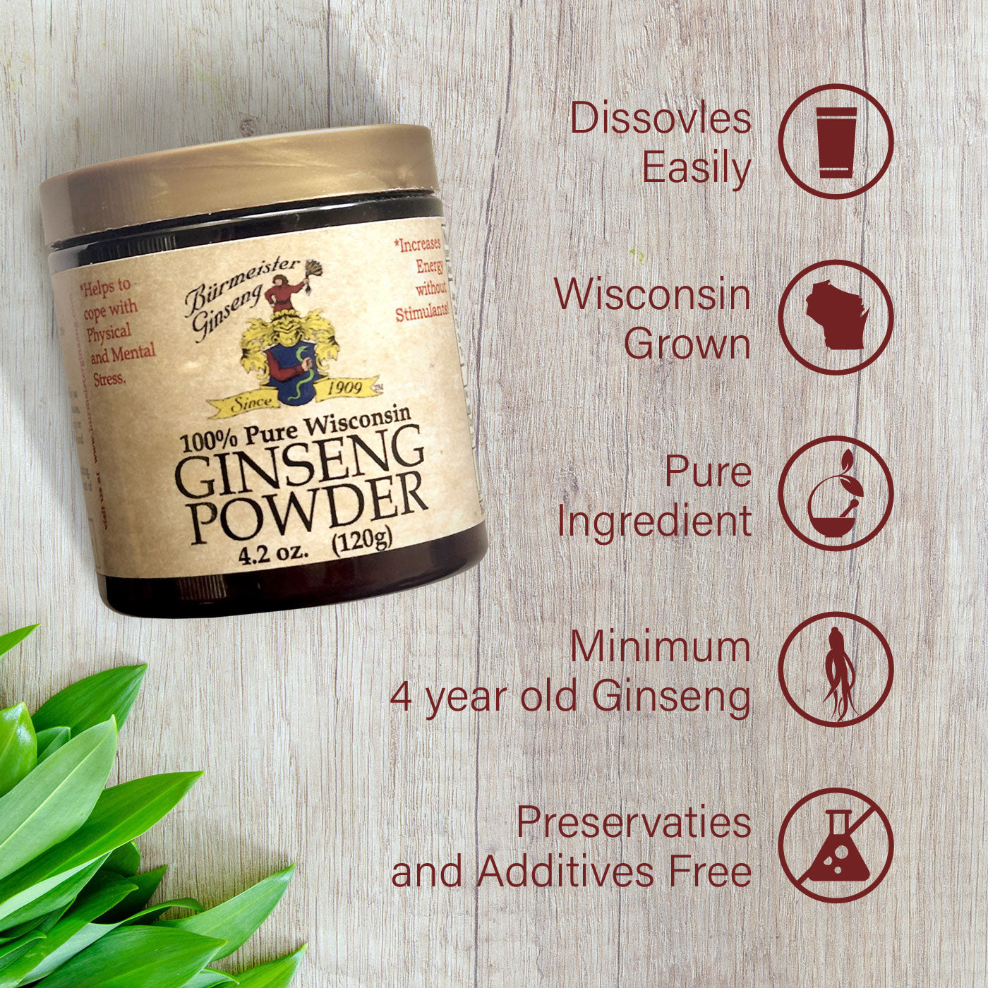 Burmeister Ginseng Powder 4.2 oz 100% pure wisconsin grown american ginseng, no additives