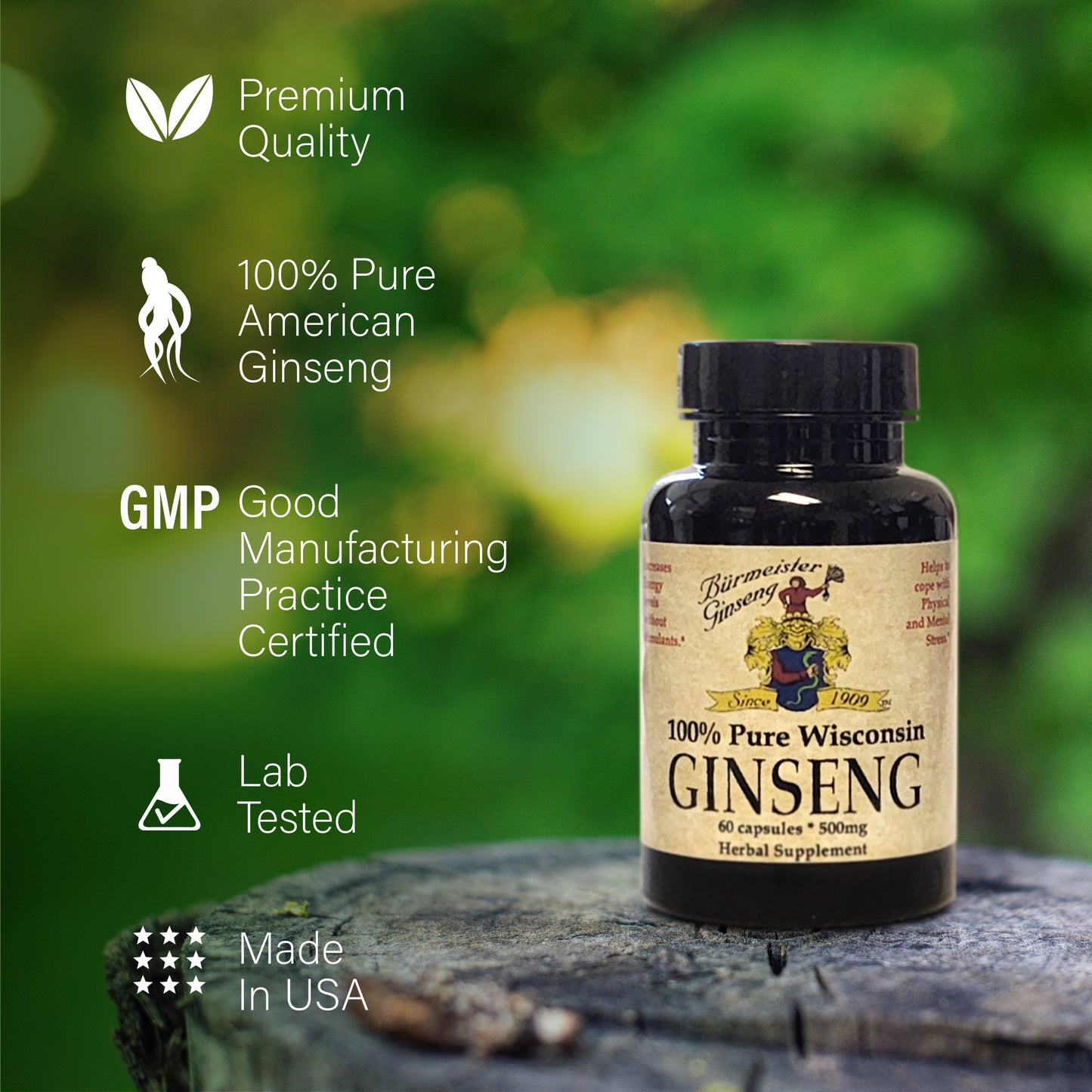 Burmeister Ginseng 100% Pure Wisconsin American Ginseng, 500mg, 60 Capsules, premium quality, GMP certified, Made in USA